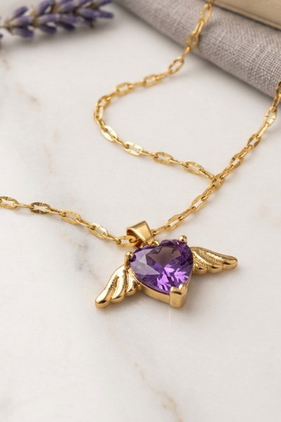 zerfu Heart Themed Angel Detailed Steel Necklace