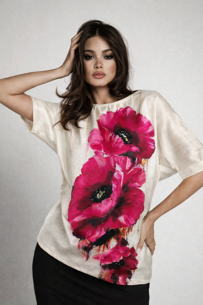 Sienna Fashion Μπλούζα με σχέδιο ροζ παπαρουνιών και μανίκια 3/4