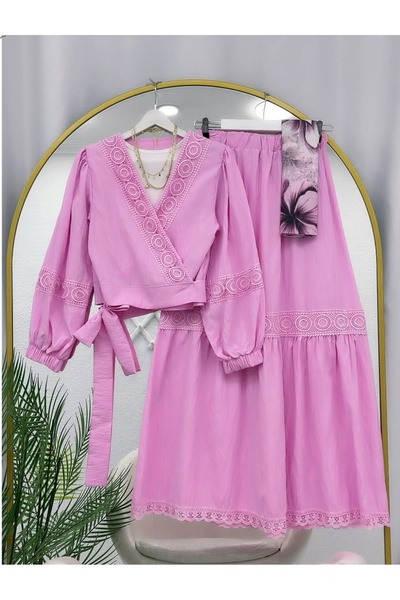 MODA VEDAT Set de fustă elastică cu mâneci legate cu dantelă pentru femei -0750