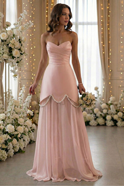 Sienna Fashion Ροζ φόρεμα με κορσέ διακοσμημένο με πέρλες και αποσπώμενη φούσ...