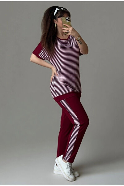 AZRA BUTİK Σετ με ριγέ λαιμόκοψη ποδηλατικού τύπου σε μπορντό χρώμα