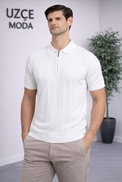 UZÇE MODA White polo collar half zippered men's t-shirt