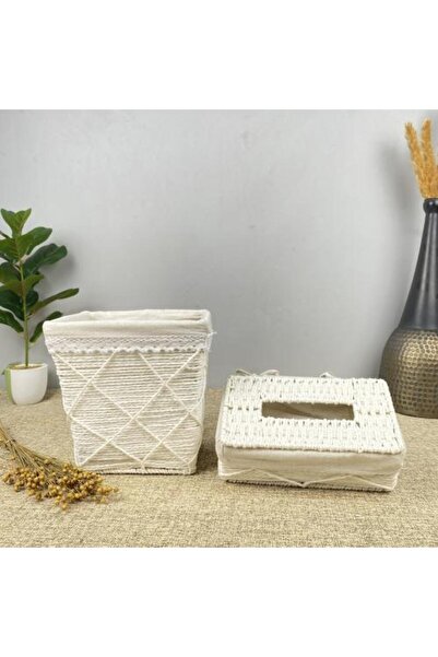 sallat almawasim Square Basket and Tissue Box Set with White Rope