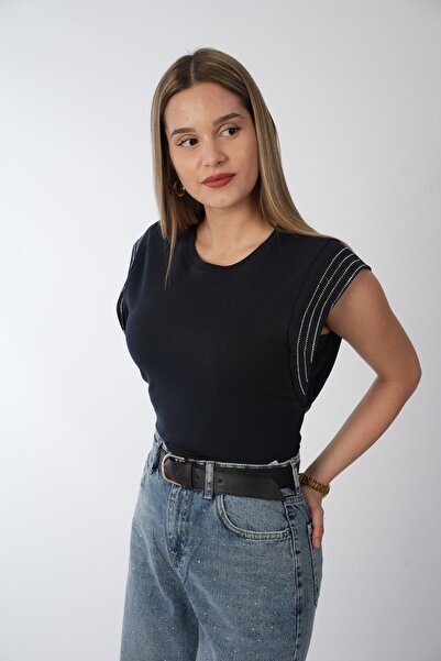 Birben Akyüz Larcivert Kolları Taşlı Bluz T-Shirt