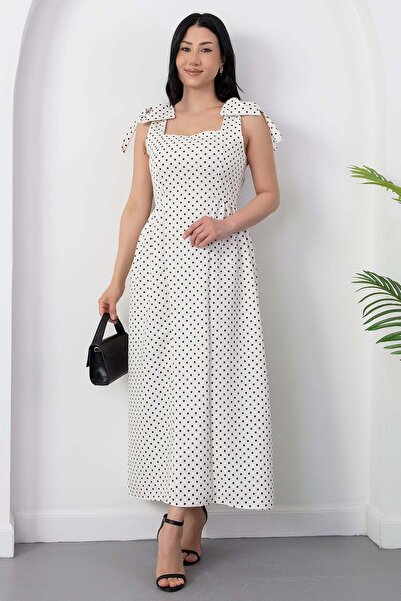 PULLIMM Square Neck Shoulder Bow Gathered Dress 2026-4570