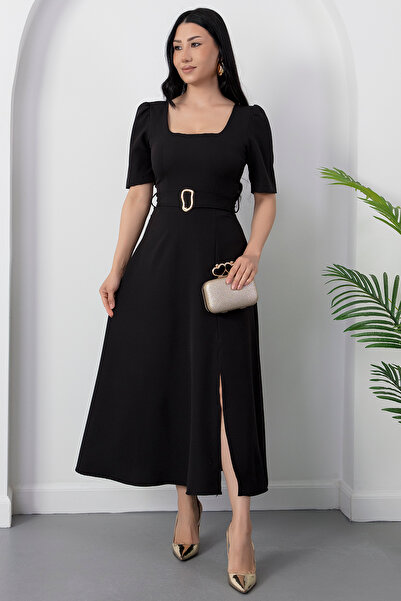 PULLIMM Φόρεμα με τετράγωνο γιακά και ζώνη, κοντομάνικο NY3132