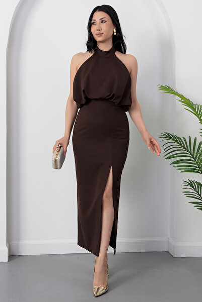 PULLIMM Halter Neck Slit Crepe Dress Ny3137