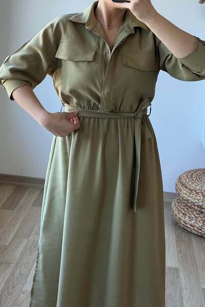 butikhola Oil Green Elastic Waist Modal Fabric Shirt Dress