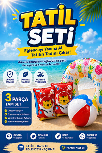 viyol marketim 3 Parça Çocuk Havuz Deniz Yüzme Öğrenme Seti – 61 Cm Şişme Sim...