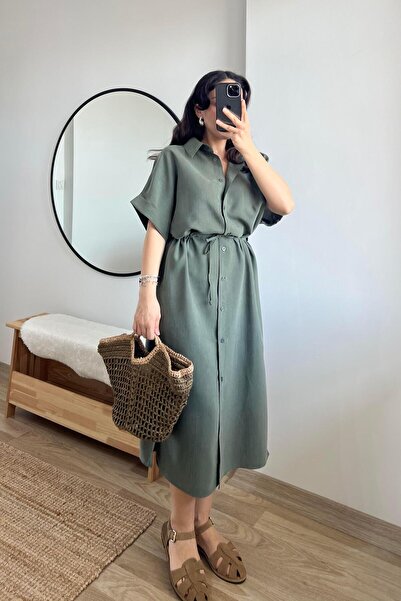 butikhola Haki Beli ipli Tensel Elbise