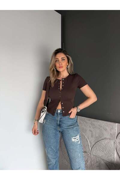 Zerrincan Giyim Brown Short Sleeve Snap-Front Tshirt