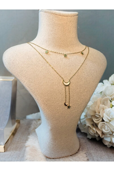 Melanj Craft Double United Moon and Star Symbol Steel Necklace - Gold
