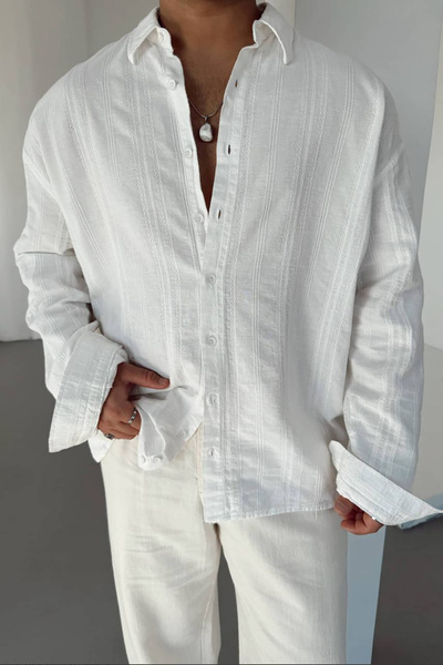 Bossago Ανδρικό λευκό λινό πουκάμισο oversize