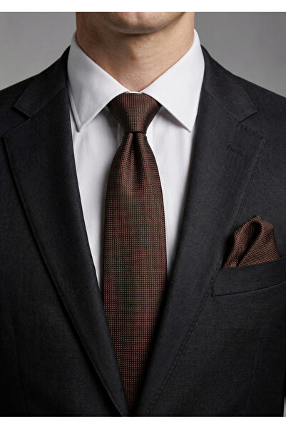 kravatçı Brown Handkerchief Dobby Woven Tie Set