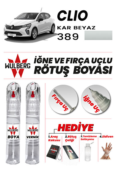 Wulberg Renault Clio Kar Beyaz 389 Rötuş Boya 25 ml + Vernik İğne & Fırça Uçl...