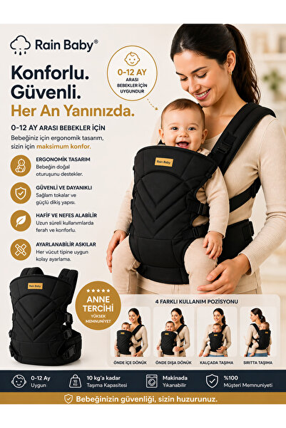 Rain Baby Ergonomik Bebek Kanguru Taşıyıcı 0-12 Ay – Çok Pozisyonlu, Nefes Al...