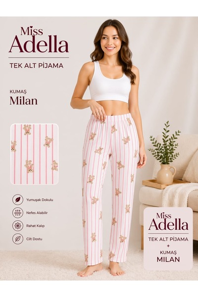 MiŞa adella Çizgili Ayıcık Desenli Milan Kumaş Tek Alt Pijama – Rahat Kalıp, ...