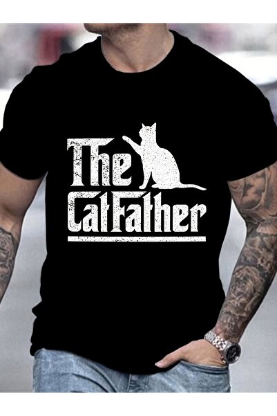 yiou trendy clothing تي شيرت كاجوال للرجال من Cat Godfather باللون الأسود برق...