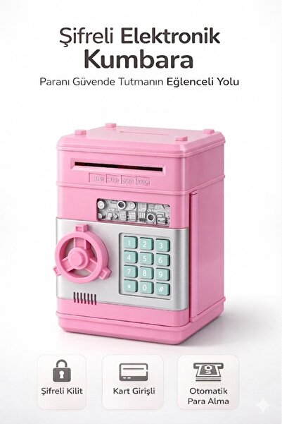 TeknoEser Pembe Şifreli Elektronik Kumbara Çocuklar İçin | ATM Kart Girişli O...