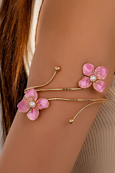 Parantez Aksesuar Pearl Detailed Flower Themed Armcuff Gold Women's Pazu Brac...