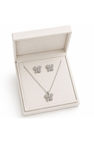 Metay Silver Zirkon Taşlı Kelebek Küpe Ve Kolye Hediyelik 925 Ayar Gümüş Set
