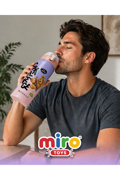 Miro Toys قارورة ماء للأطفال من الفولاذ المقاوم للصدأ سعة 500 مل، قارورة مفرغة من الهواء، غطاء مانع للتسرب، حامل للمشروبات الساخنة والباردة، نمط دب، لون وردي أرجواني - زجاجة ماء أرجوانية