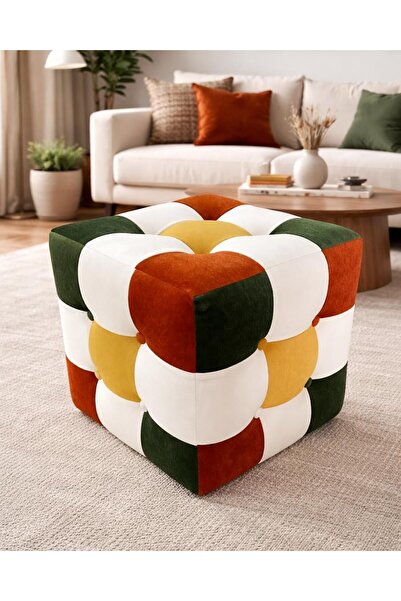 Deby Renkli Patchwork Puf Modern Dekoratip Kare Puf