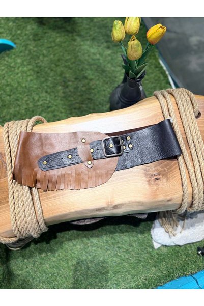 Yılday Gür Butik حزام كاليستا ذو اللونين البني والبني الداكن المصنوع من الجلد الطبيعي بتصميم مزين بالشرّابات