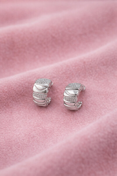 Sylvera Shop Embossed Half Hoop Earrings with Stones - Modern Form (Silver Co...