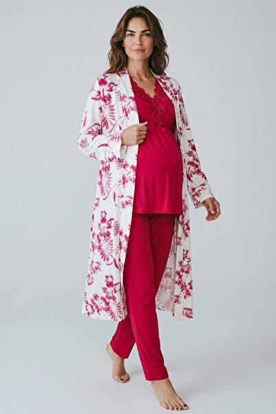 venera Maternity Set 3-Piece Set - Elegant Lace Maternity Pajama Set - Cotton...