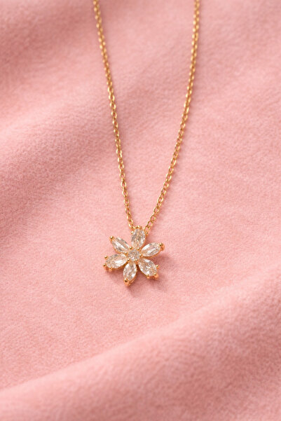 Sylvera Shop Minimal Lotus Flower Steel Necklace – White Stone (Gold Color)