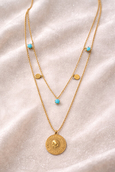 Sylvera Shop Turkuaz Taşlı Etnik Çeyrek Altın Model Çelik Kolye (Gold Renk)