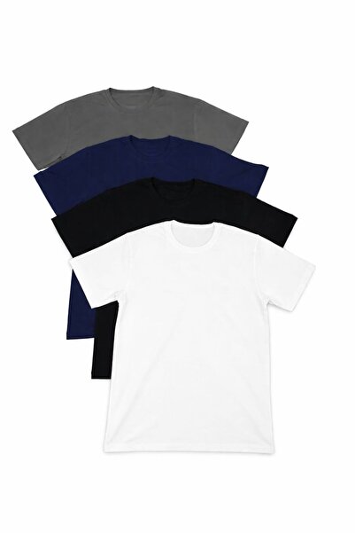 Erkek 4'lü Paket Beyaz-Siyah-Lacivert-Gri Slim Fit Dar Kesim %100 Pamuk Bisiklet Yaka Tişört