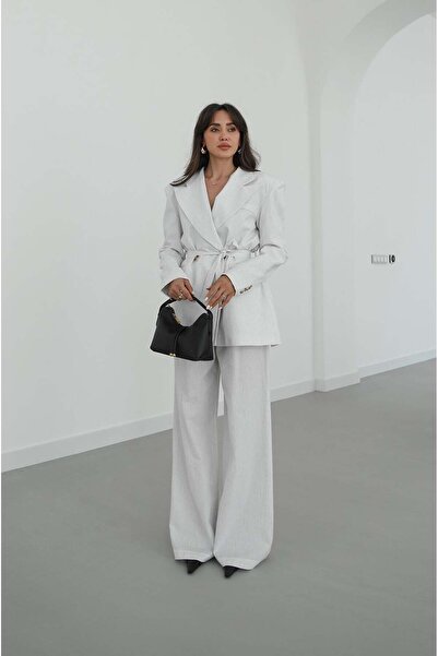 Havoş Λευκό Larry ριγέ σακάκι και παντελόνι λινό σετ