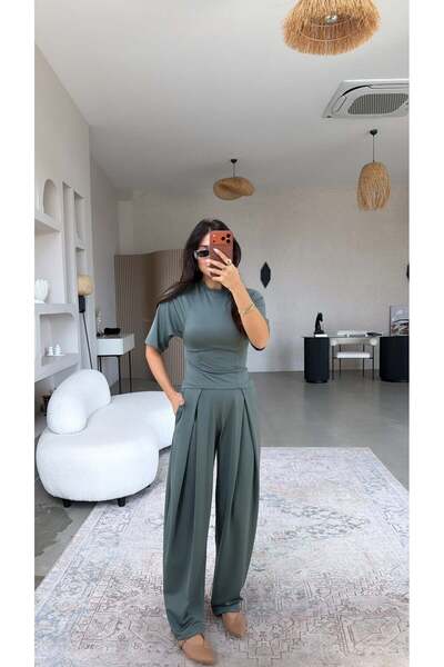 Buket Teke Χακί Διαγώνιο Πλισέ Σετ με Λεπτομέρειες για Κάθισμα