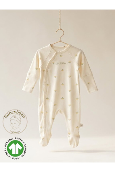 ESLENZA Honeybean %100 Organik Pamuk Lotus Çiçeği Detaylı Kruvaze Bebek Tulum...