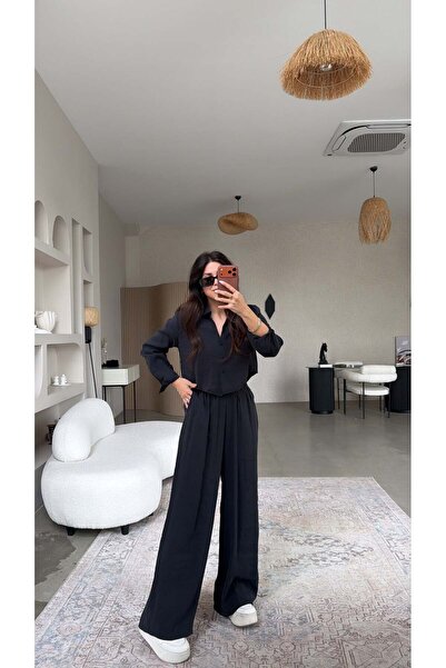 Buket Teke Μαύρο επικαλυμμένο πουκάμισο με κουμπιά και σετ μπλούζας και παντε...