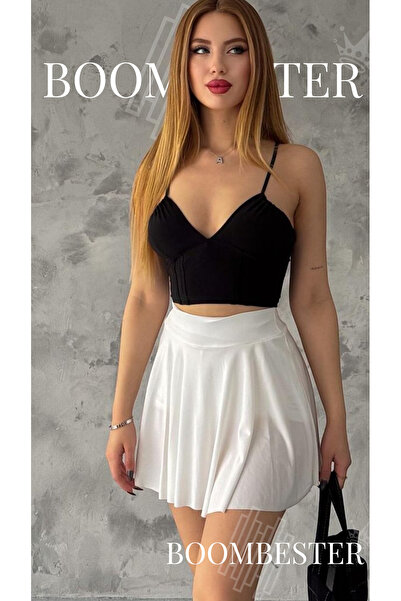 BoomBester Women's High Waist Pleated Mini Skirt with Shorts – Sandy Fabric S...