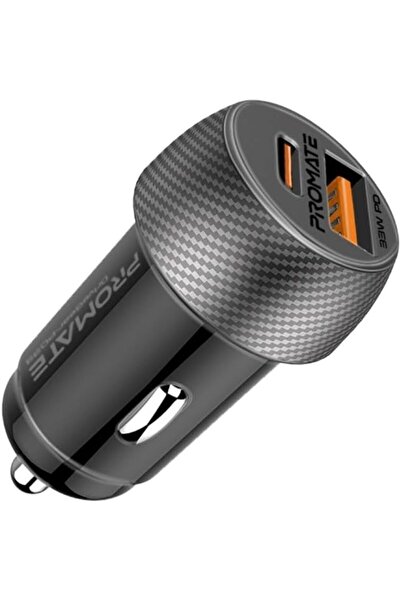 Promate USB-C ™   شاحن سيارة، محول سيارة فائق الصغر بمنفذين مع شحن فائق السرع...