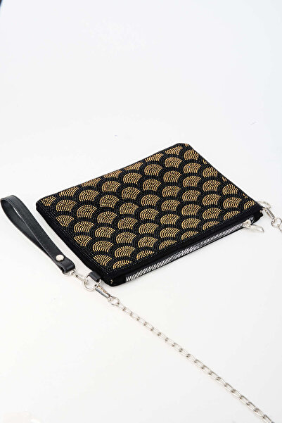 Vivaq Kadın Yelpazer Altın Taşlı Süet Bilek Askılı Ve Zincir Askılı Portföy El Ve Clutch Çanta