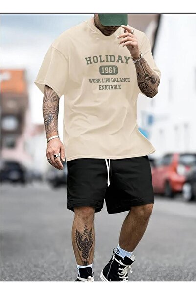 DİVİN Unisex Printed Oversize Top-Bottom Set Bartik Shorts T-Shirt