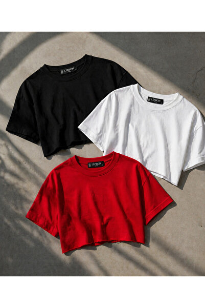 Lizbon Style Σετ 3 Crop T-Shirts με χαλαρή εφαρμογή, ακατέργαστη κοπή, βασικό...