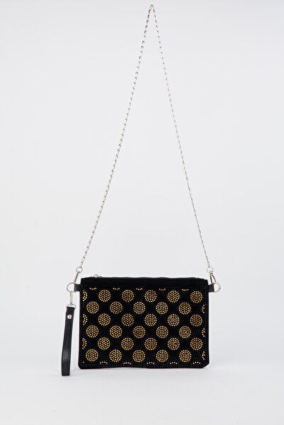 Vivaq Kadın Puantiyeli Altın Taşlı Süet Bilek Askılı Ve Zincir Askılı Portföy El Ve Clutch Çanta