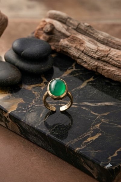 Sevil Gülgün Atelier Handmade Bronze Ring with Natural Stone - Bohemian Design, Adjustable Size