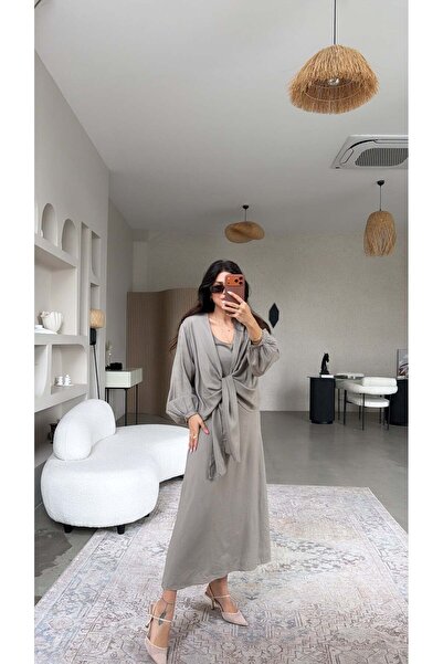 Buket Teke Λινό Φόρεμα με Μπολερό από Βιζόν