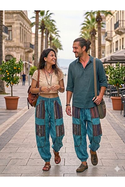 AYASOFYA OTANTIK Unisex Νεπαλέζικο Τυρκουάζ Αυθεντικό Έθνικ Παντελόνι με Ελασ...