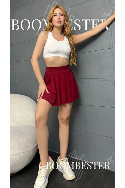 BoomBester Γυναικεία ψηλόμεση πλισέ μίνι φούστα με σορτς – Ύφασμα Sandy, καλο...