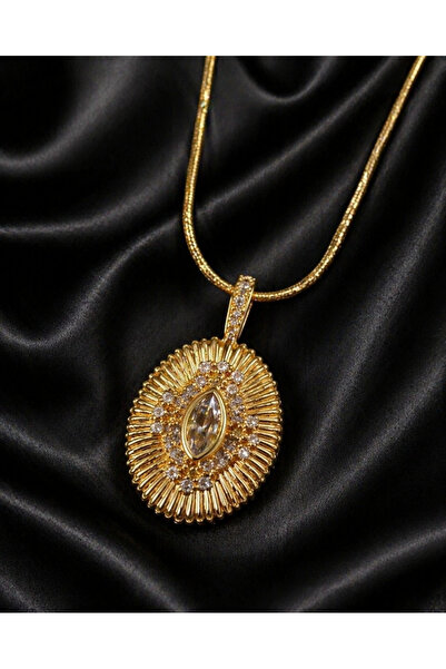 Sylvera Shop Vintage Steel Necklace with Oval Stone (Gold Color)