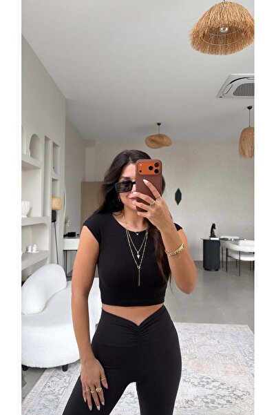 Buket Teke Μαύρο Crop Top με λαιμόκοψη ποδηλάτου, αμάνικο, βασικό