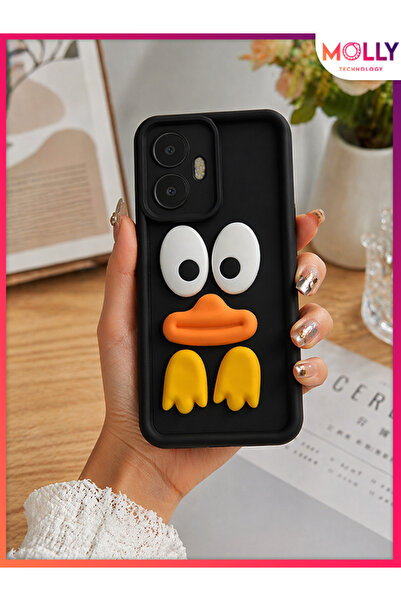 Molly REALME C55 İçin Siyah Kenarları Kalın 3d Kabartmalı Cute Duck Silikon K...